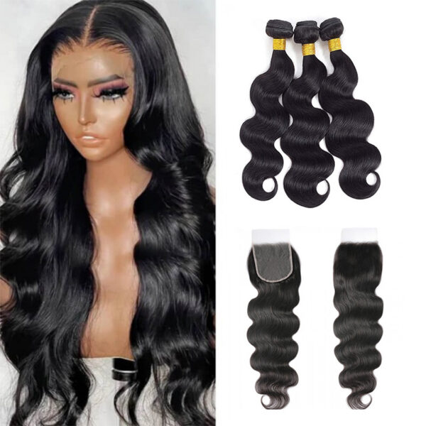 Qmiss Body Wave 3 Bundlles With 4x4 Lace Closure Set 100% Human Hair Extensions