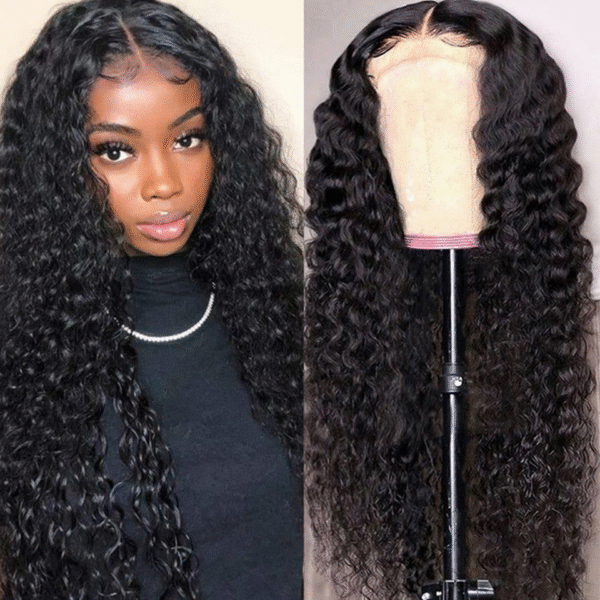 Qmiss 180% Deep Wave 13X4  Lace Frontal 100% Human Remy Hair Wig Natual Black For Women