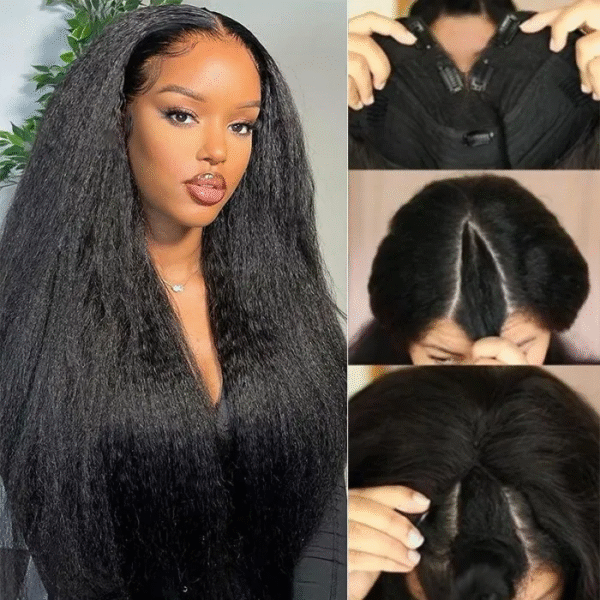 QmissV- Part Kinky Straight Wig No Leave Out Super Natural Human Hair Wig