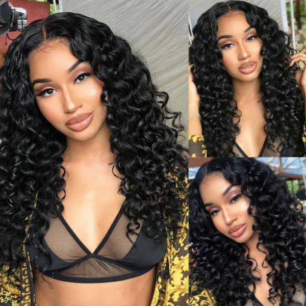 Qmiss 180% Density Deep Wave  4X4 Lace Closure 100% Human Virgin Hair  Wig Natual Black