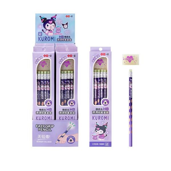 Kuromi HB Glow-in-the-Dark Eraser-Top Hole Pencil Set