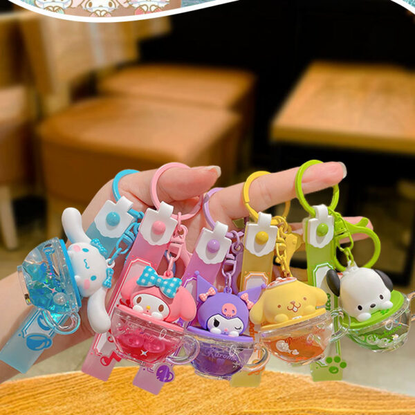 Genuine cartoon Sanrio coffee cup oil-filled keychain, couple schoolbag pendant, car key chain, gift wholesale