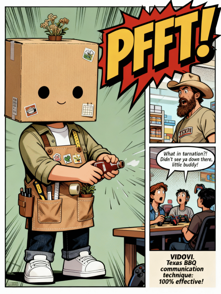 Vidovi squeezing a Texas BBQ sauce bottle to make a noise and get attention