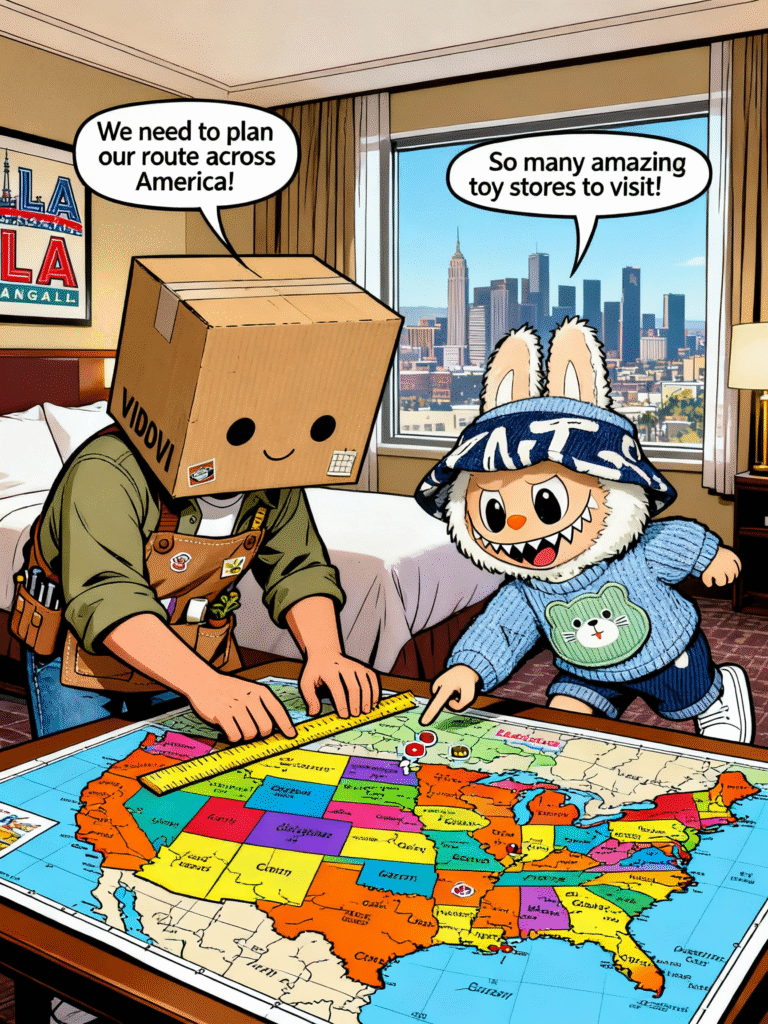 Vidovi and Labubu looking at map of toy stores in California USA