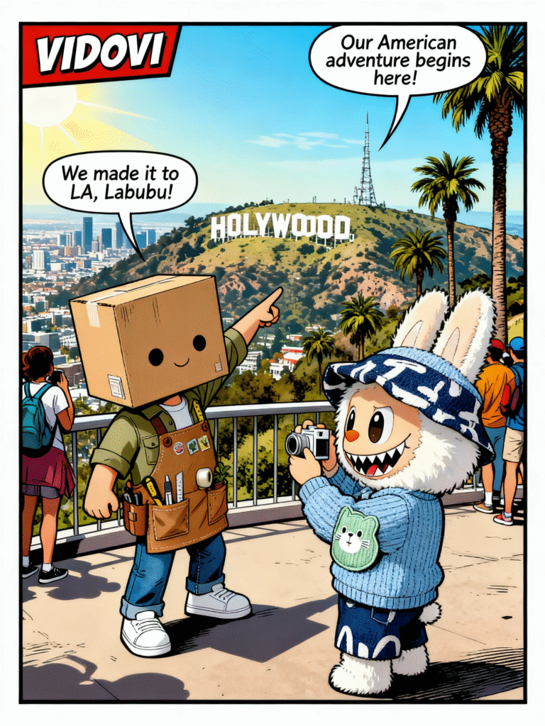 idovi Shopvidi mascot arriving in Los Angeles with Labubu for blind box hunting trip