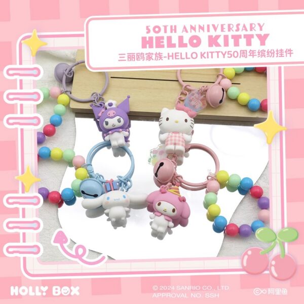 Genuine Sanrio Hello Kitty 50th Anniversary Colorful Pendant, Cute Kuromi and Cinnamoroll Keychain Gift