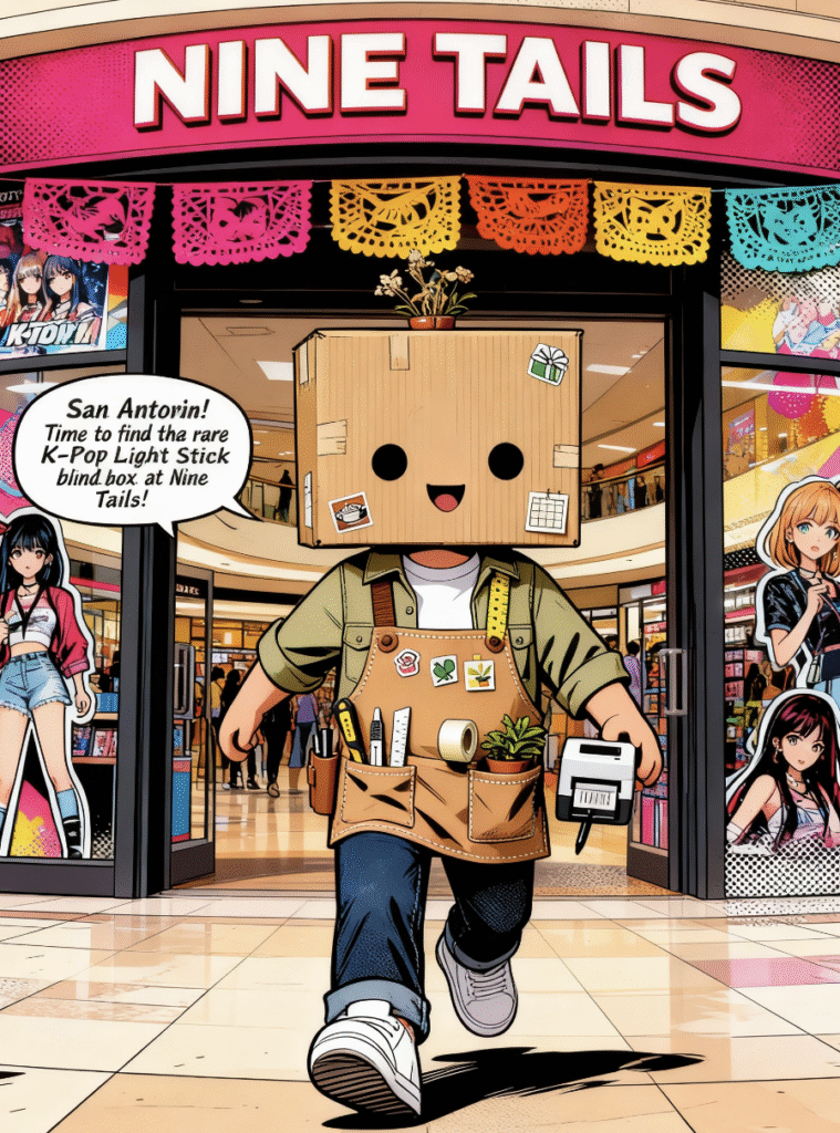 Vidovi knocking a K-Pop light stick blind box into a fox shaped Pinata