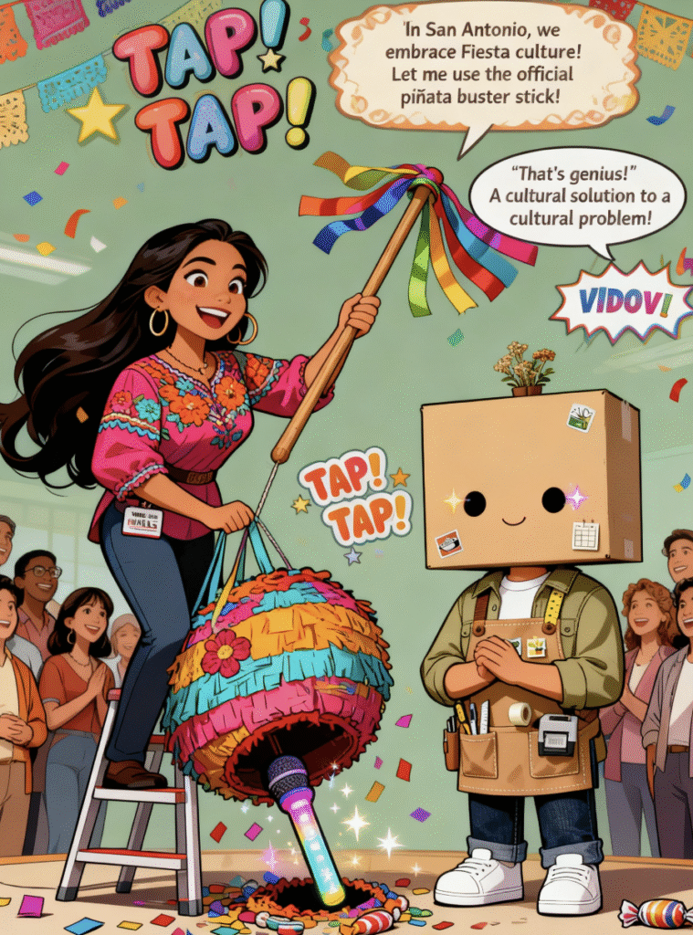 tore employee using a Fiesta piñata stick to help Vidovi retrieve the toy