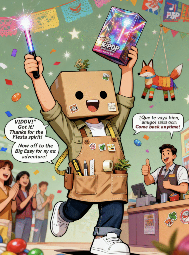 Vidovi catching the K-Pop blind box and looking at map for New Orleans[H1] Chapter 5: Viva San Antonio! The Piñata Challenge

[H2] Destination: Nine Tails @ Wonderland of the Americas

From the big skies of Universal City, Vidovi travels south to the historic and colorful city of San Antonio, Texas. The culture here is vibrant, a beautiful blend of Texan and Mexican traditions.

Vidovi arrives at the Wonderland of the Americas Mall, famous for its unique local shops. His target is Nine Tails, a paradise for anime lovers and K-Pop stans. The store is buzzing with energy, decorated with vibrant Mexican-American elements. Vidovi is looking for one specific treasure: a rare K-Pop Light Stick Blind Box.

[H2] Story Recap: The Fox and the Box

The Target: Inside Nine Tails, amidst shelves of plushies and albums, Vidovi spots the target. It’s the last Light Stick mystery box, sitting high up on a display.

The Accident: Vidovi stretches to grab it, but his paw slips! The box tumbles through the air and—plop!—falls right into the opening of a large, decorative Piñata shaped like a fox, hanging from the ceiling.

The Struggle: Panic! Vidovi grabs the swinging Piñata and tries to shake the box out. He jumps, he wiggles it, but the box is stuck deep inside the fox's belly.

The "Fiesta" Solution: A store employee sees the commotion. Smiling, they embrace the local San Antonio "Fiesta" spirit. They hand Vidovi an official, colorful Piñata Buster Stick.

The Victory: With the employee's help, they safely tap the Piñata—Whack! The blind box drops perfectly into Vidovi's hands. No Piñatas were harmed, and the prize is secured! Vidovi packs his bags, ready to leave Texas and head east to "The Big Easy."

[H2] What's in the Box? (Entity Guide)

Featured Item: K-Pop Light Sticks Essential for any concert! Shopvidi carries a variety of K-Pop merchandise and idol blind boxes for fans of BTS, Blackpink, Stray Kids, and more.

Location Spotlight: Nine Tails (San Antonio) A beloved store in San Antonio known for Japanese imports and K-Pop goods. Vidovi loves the unique "Wonderland" vibe!

Cultural Note: Fiesta San Antonio is famous for its annual Fiesta celebration, where Piñatas and confetti (Cascarones) are part of the fun.

[H2] Start Your K-Pop Collection

Can't make it to San Antonio? Shopvidi brings the K-Pop store to you.

👉 [Button: Shop K-Pop & Idol Blind Boxes] 👉 [Button: Explore Anime Favorites]

(End of Content)