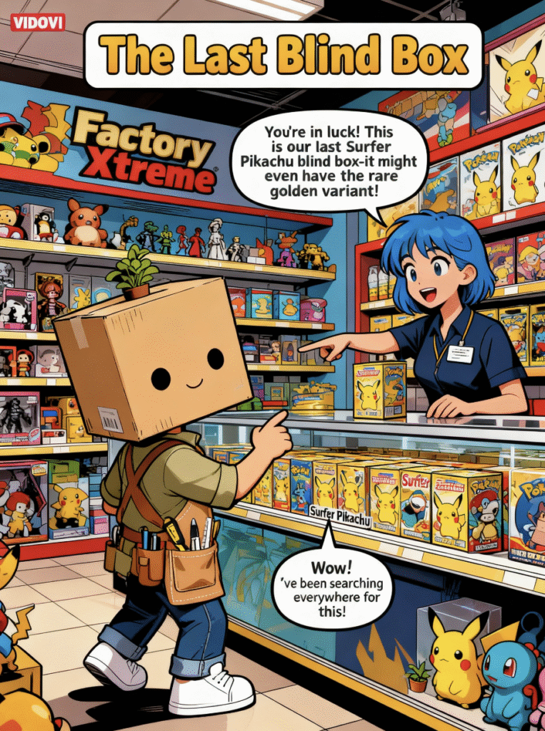 Vidovi finding the last Surfer Pikachu blind box on the shelf