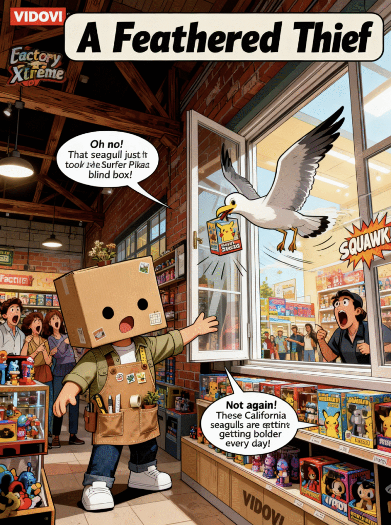 A seagull stealing a Pokemon blind box inside the store
