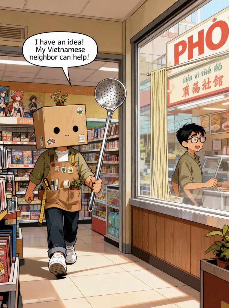 tore owner using a Vietnamese Pho noodle strainer to reach the toy