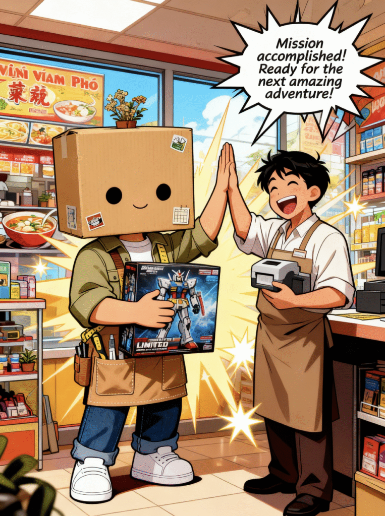 Vidovi high-fiving the shop owner with the Gundam box secured