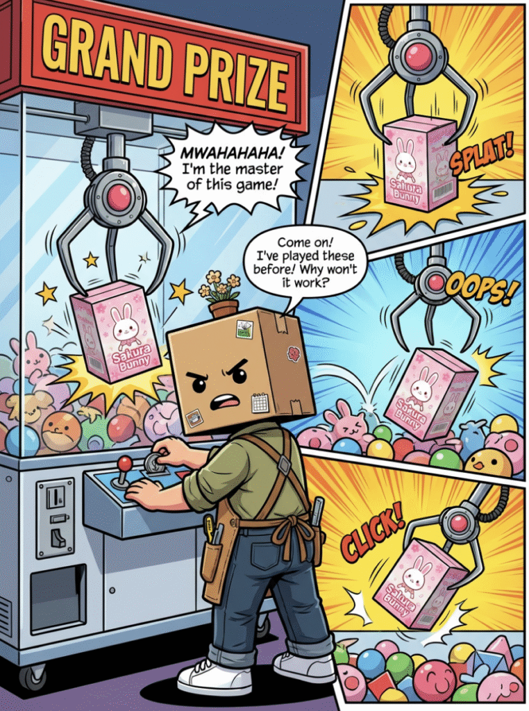 Vidovi failing to grab the prize with the claw machine joystick