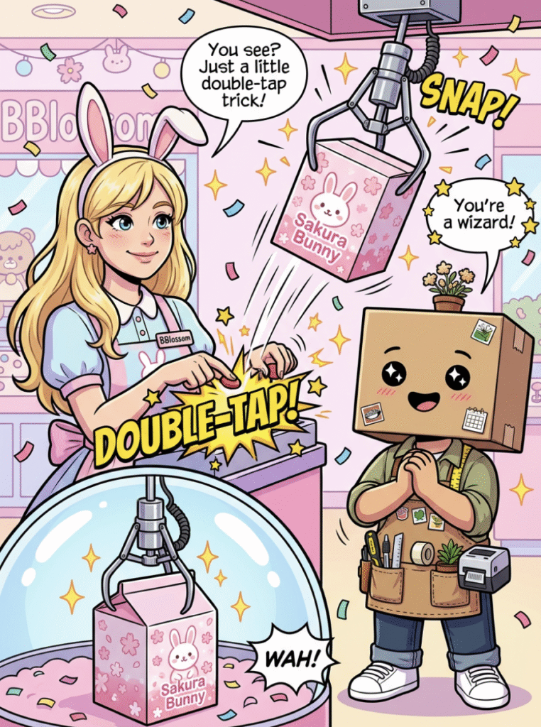 Store employee using the double-tap technique on the claw machine