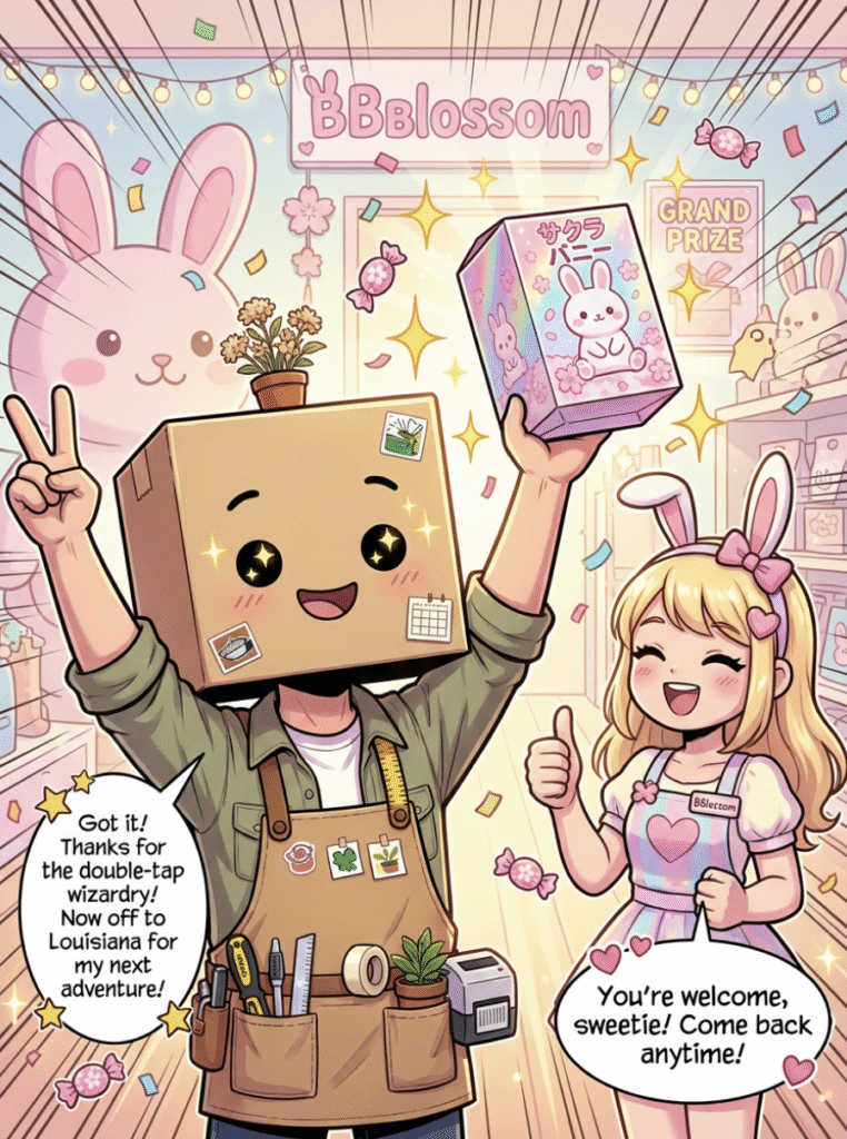 Vidovi celebrating with the Sakura Bunny prize heading to Louisiana