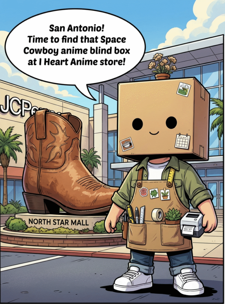 Vidovi standing in front of the giant cowboy boots sculpture at North Star Mall San Antoni