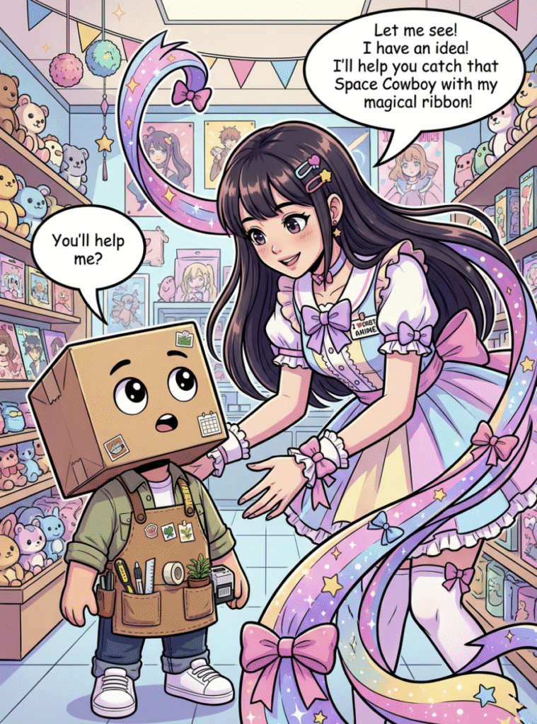 Vidovi spinning a magical girl ribbon like a Texas lasso to catch a blind box