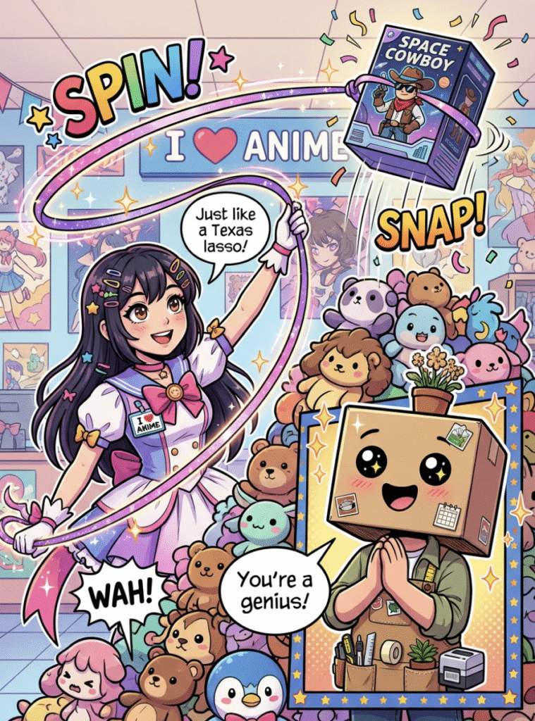 Vidovi high-fiving a cosplaying store employee after retrieving the Space Cowboy toy