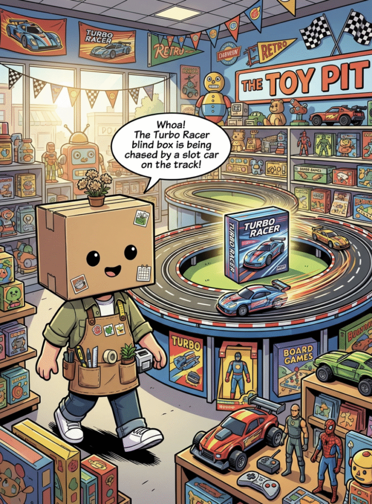 Interior of The Toy Pit store with vintage toys and a large slot car track