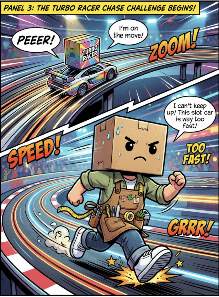 A Turbo Racer blind box strapped to a speeding slot car