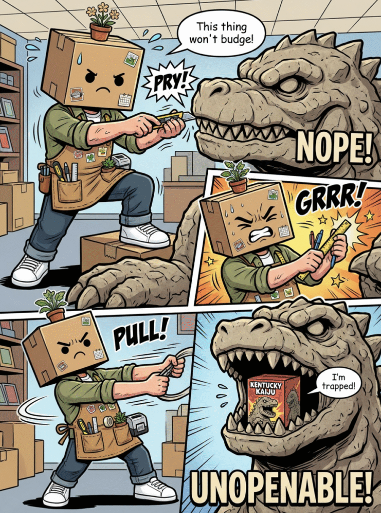 A Kentucky Kaiju blind box trapped inside the mouth of a monster statue