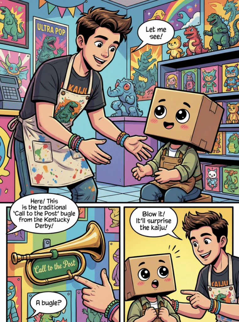 Vidovi playing the Call to the Post on a toy bugle to open the statue's mouth