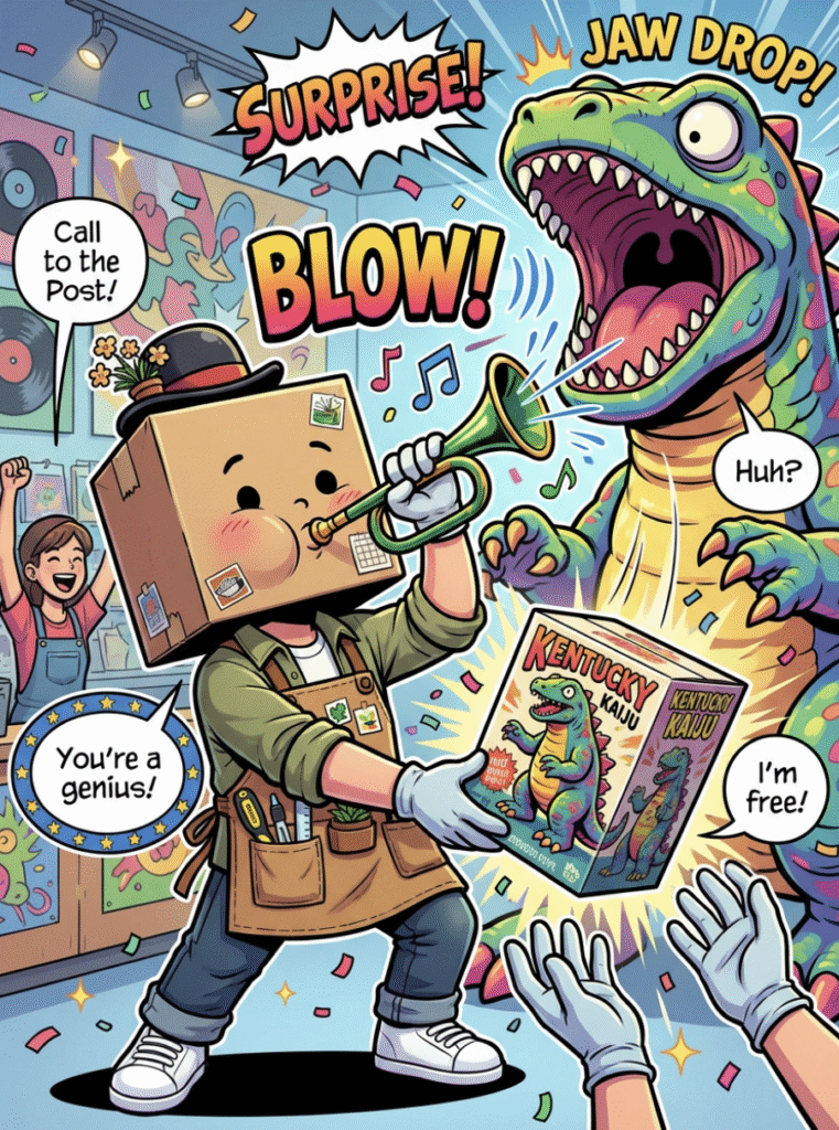 Vidovi holding the Kaiju vinyl toy and preparing to leave for Nashville