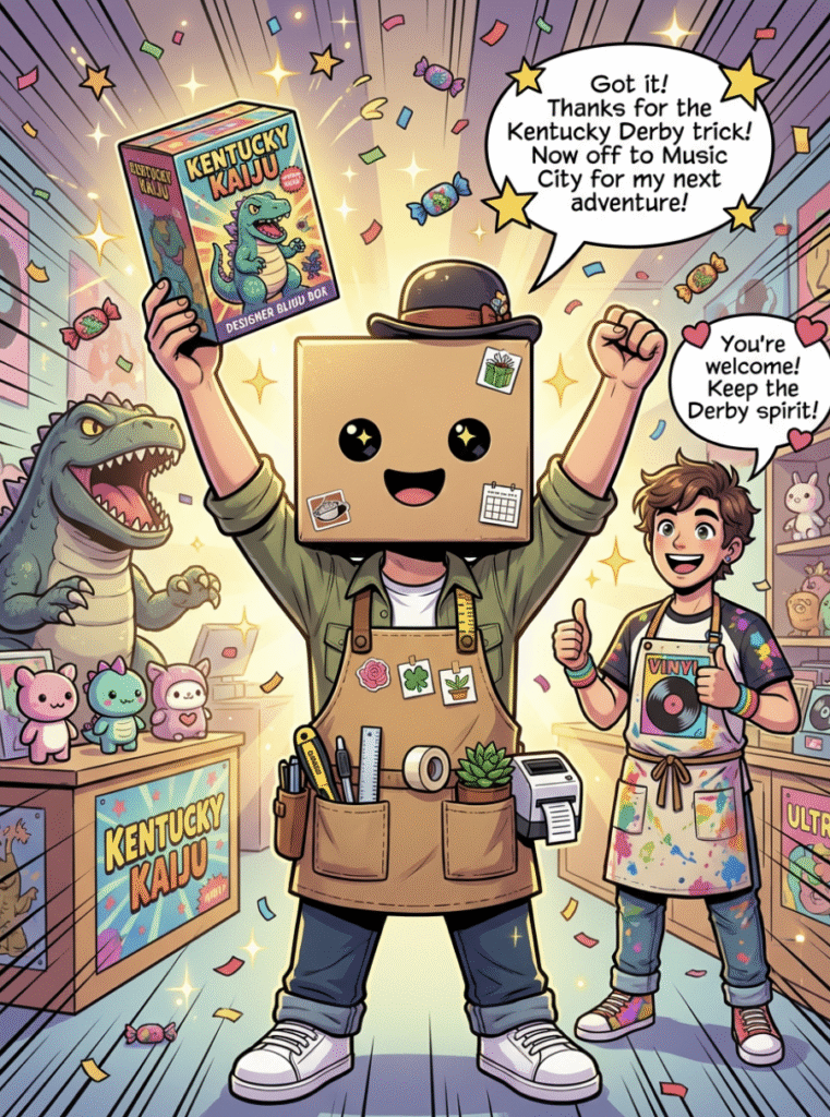 Vidovi holding the Kaiju vinyl toy and preparing to leave for Nashville