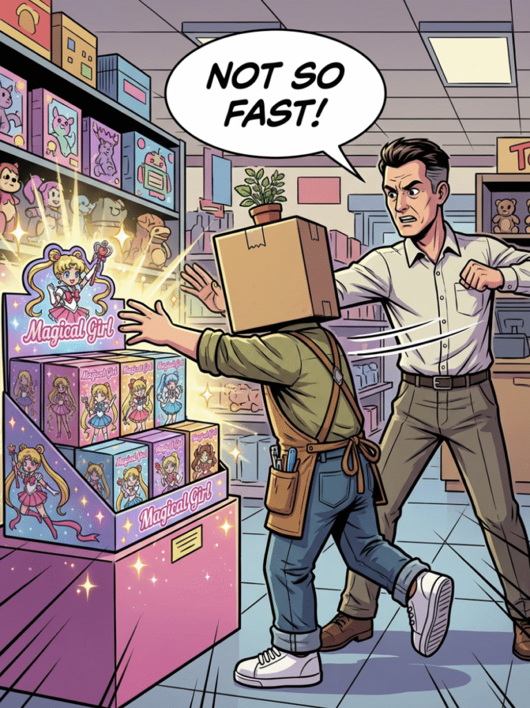 Strict store clerk stopping Vidovi from buying a Magical Girl blind box