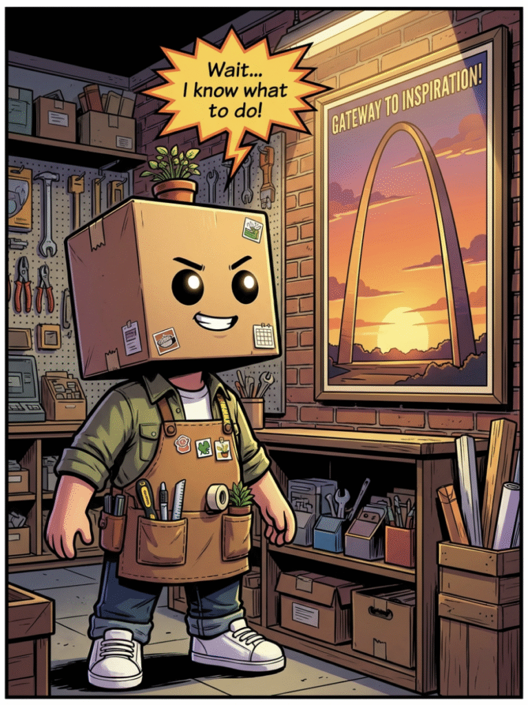 Vidovi looking at a poster of the St. Louis Gateway Arch for inspiration