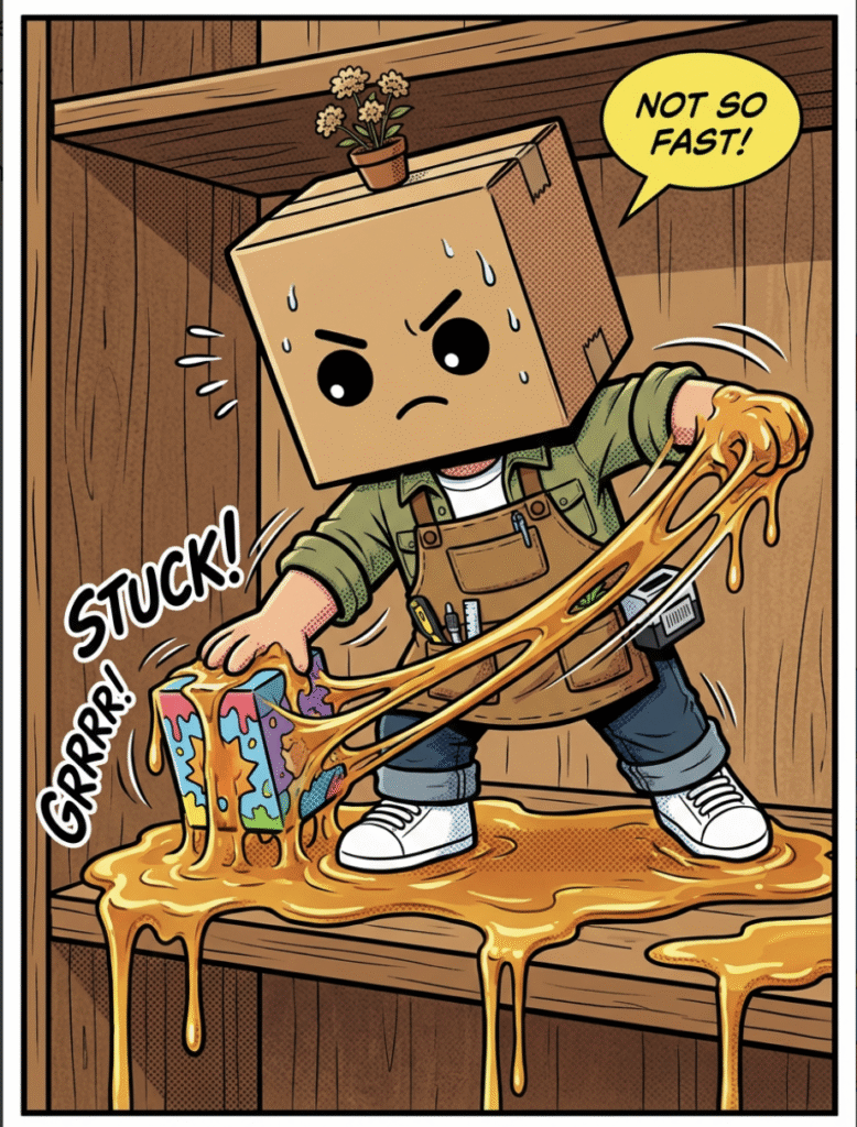 A Sasquatch blind box stuck in a puddle of spilled maple syrup