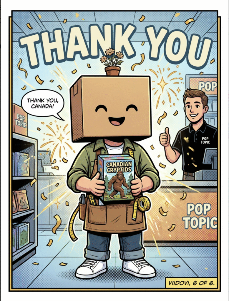 Vidovi and polite store staff celebrating the retrieved toy