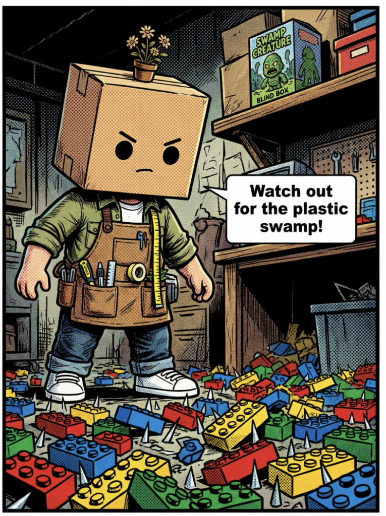 A floor covered in sharp scattered LEGO bricks blocking the path to a blind box