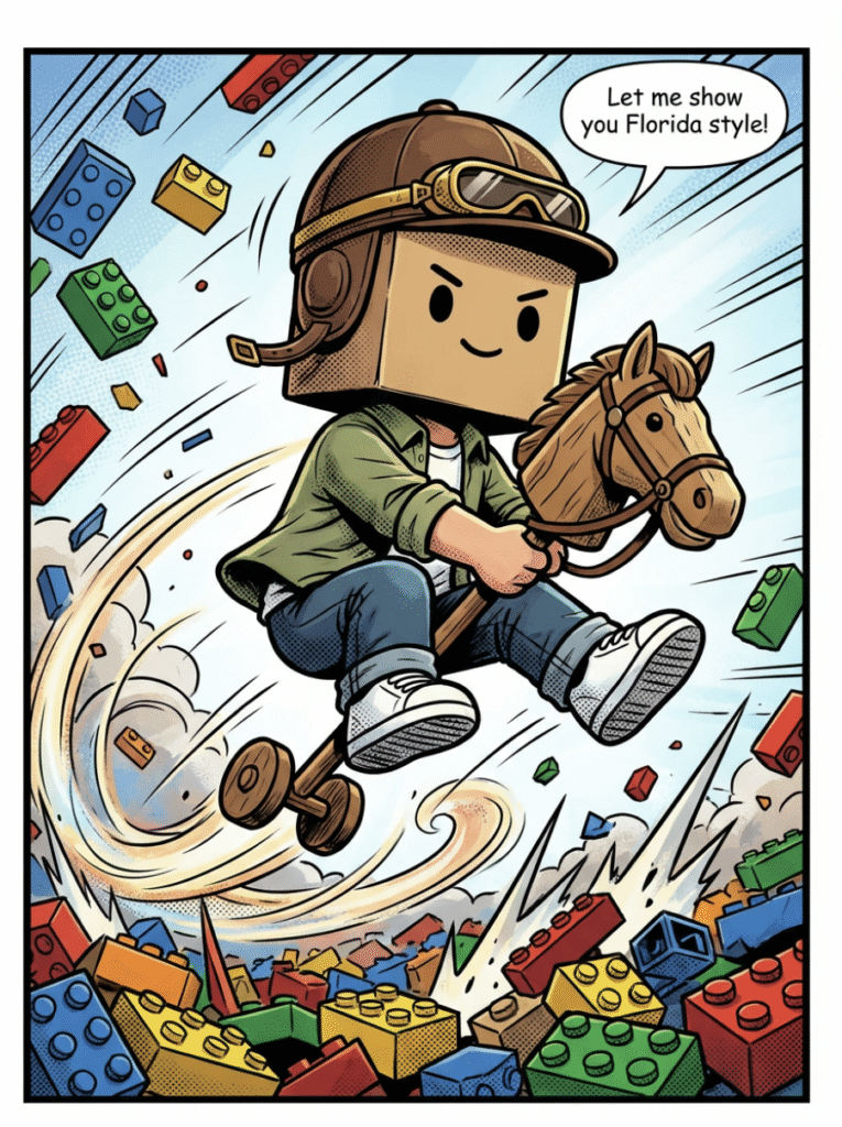 Vidovi stepping on a LEGO brick and looking in pain