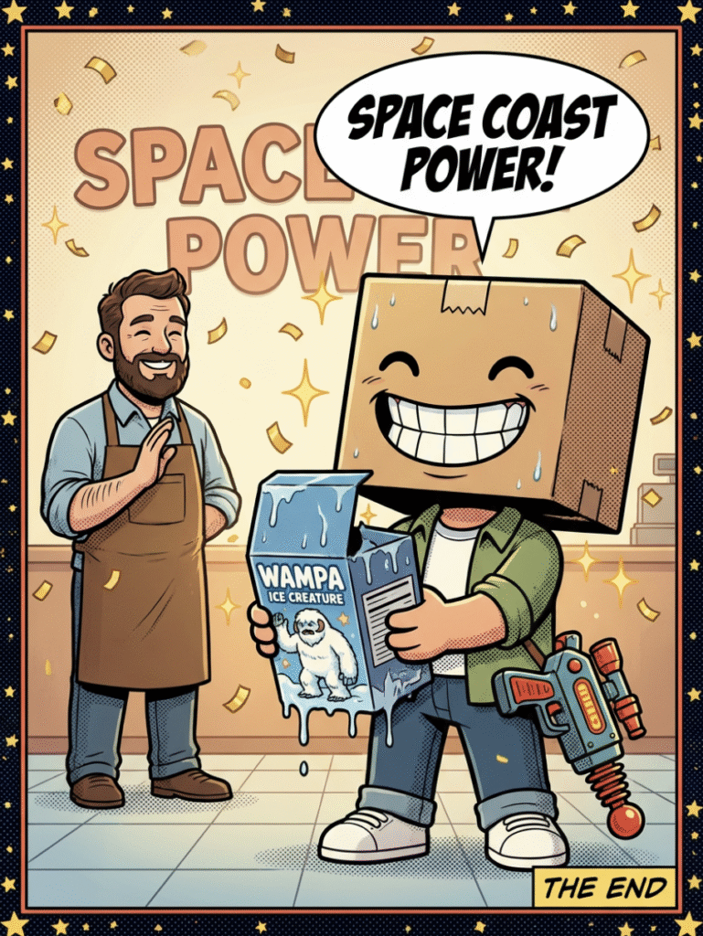 Vidovi holding the Wampa toy in a victory pose with the melted ice