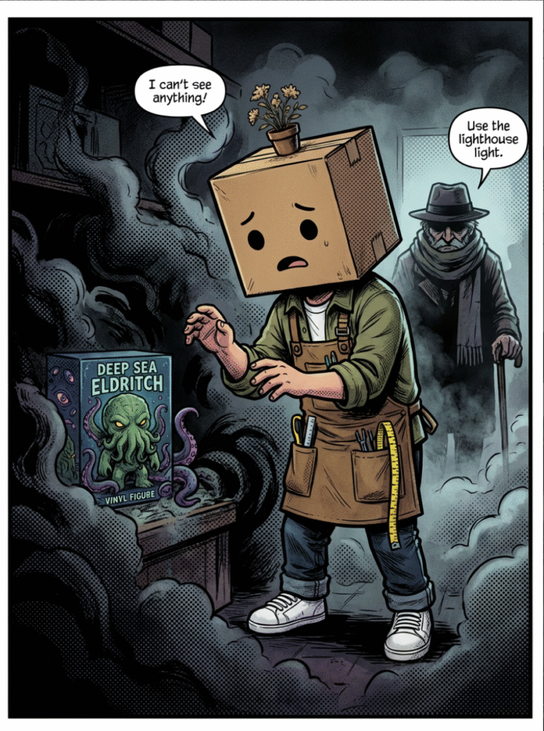 Vidovi looking scared in the dark fog wearing a yellow Sou'wester rain hat