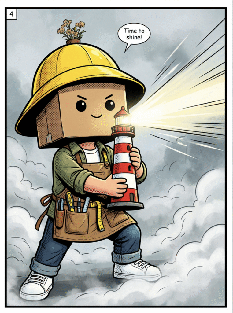 Vidovi using a Peggy's Cove Lighthouse replica to shine a light through the fog