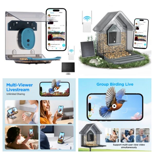Smart Bird Feeder with 4K Camera, Solar Powered, UHD Live Stream, No Subscription, AI Bird ID