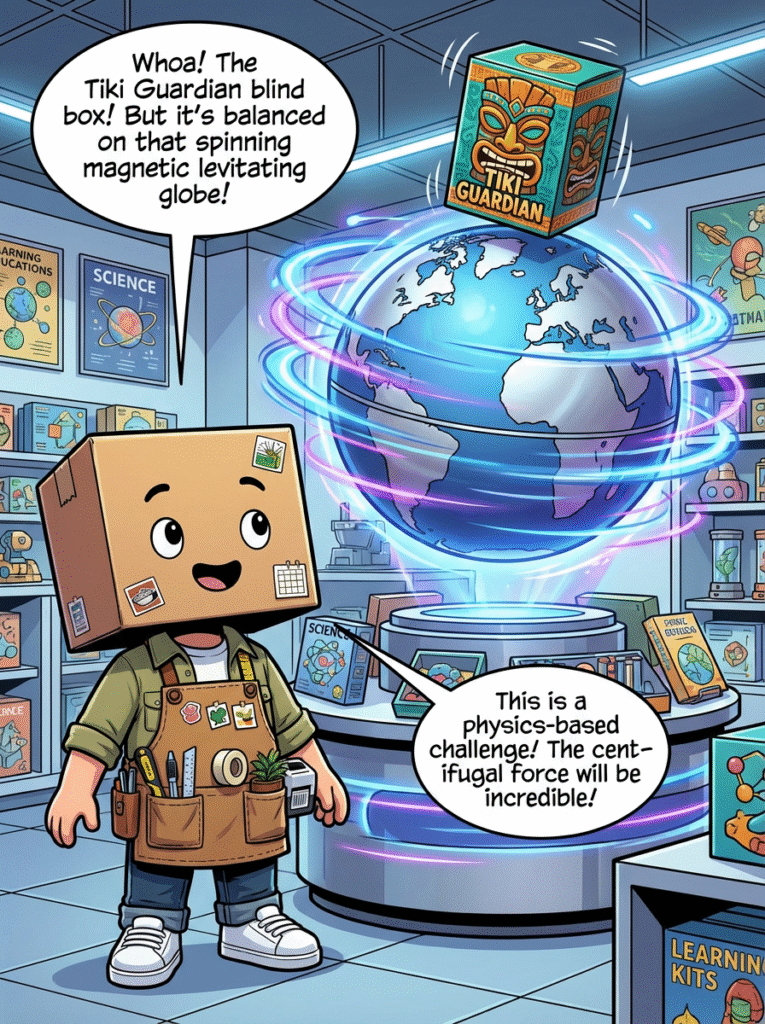 A Tiki Guardian blind box balanced on a rapidly spinning magnetic levitating globe