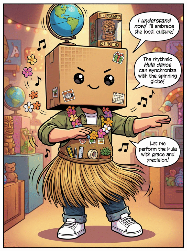 Vidovi wearing a grass skirt and lei performing a Hula dance to match the globe's spin