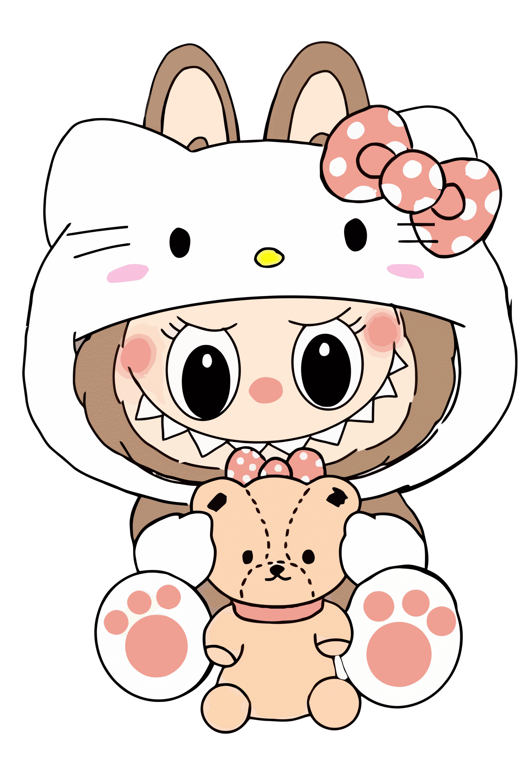 Labubu wearing Hello Kitty's red bow and blue overalls, sitting with a Hello Kitty pillow