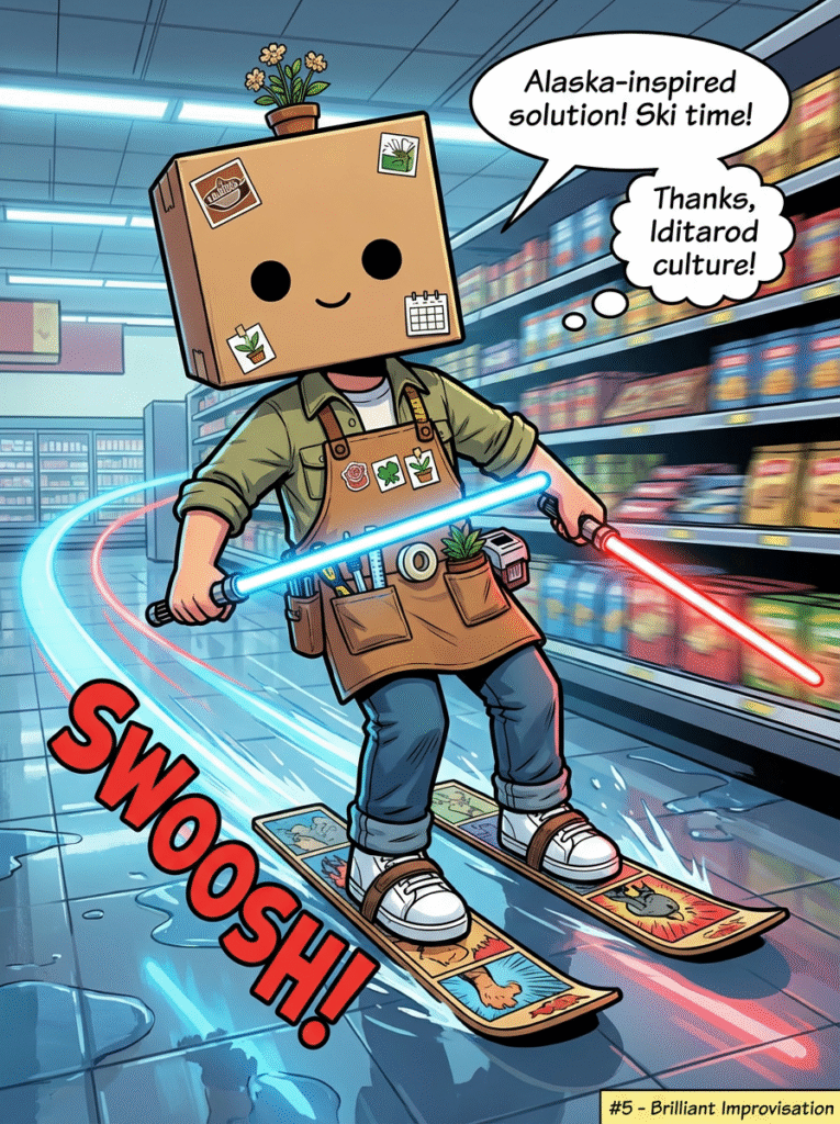 Vidovi gliding gracefully across the slippery floor to retrieve the Yeti toy