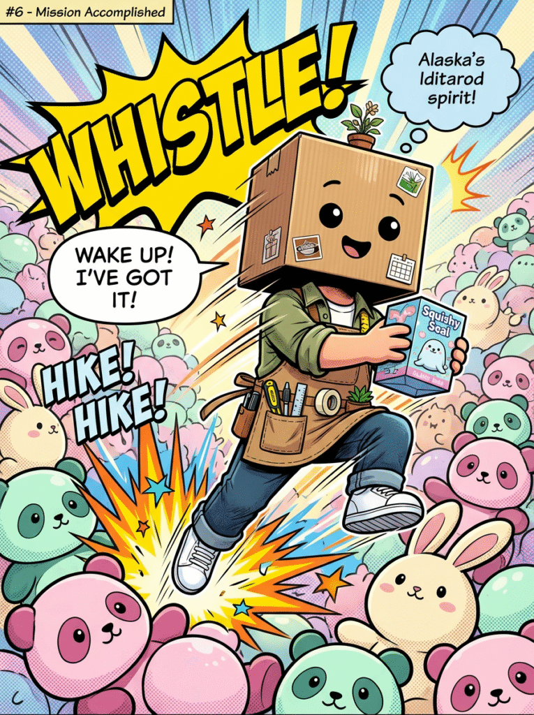 Vidovi snapping awake and launching out of the plushies holding the Squishy Seal toy