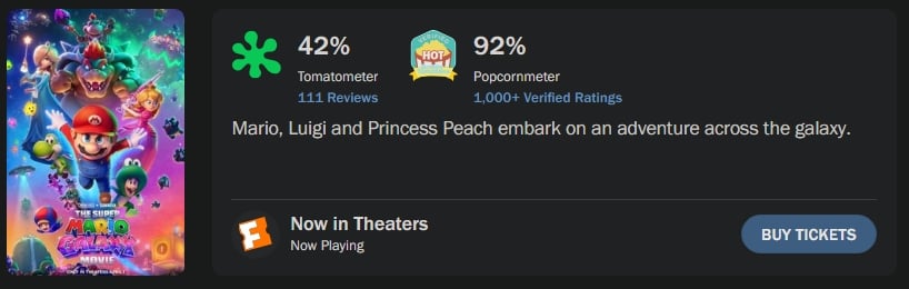 The Super Mario Galaxy Movie Rotten Tomatoes Audience Score 92%
