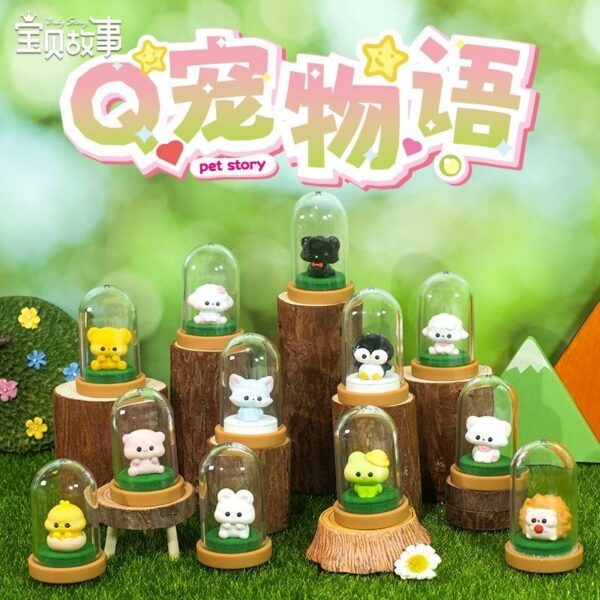 Q Pet Story Series Blind Box – Kawaii Animal Figurine with Transparent Dome & Wooden Style Base