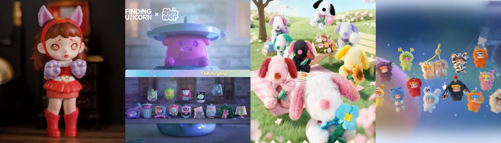 Blind box display showcase featuring popular collectible figures in an elegant retail setting