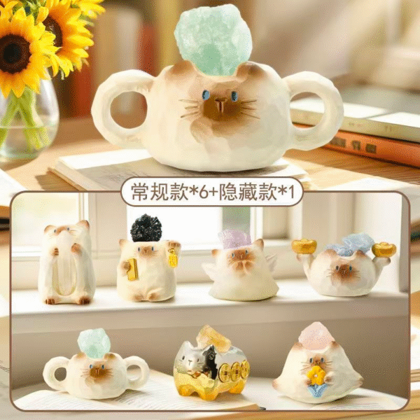 Cat PAI Fortune Crystal Series Blind Box - Resin Figurines with Natural Gemstones for Aromatherapy