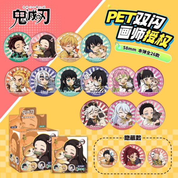 Official Licensed Demon Slayer 58mm PET Glitter Badges Cute Chibi Anime Cat Cosplay Series Blind Box Pins